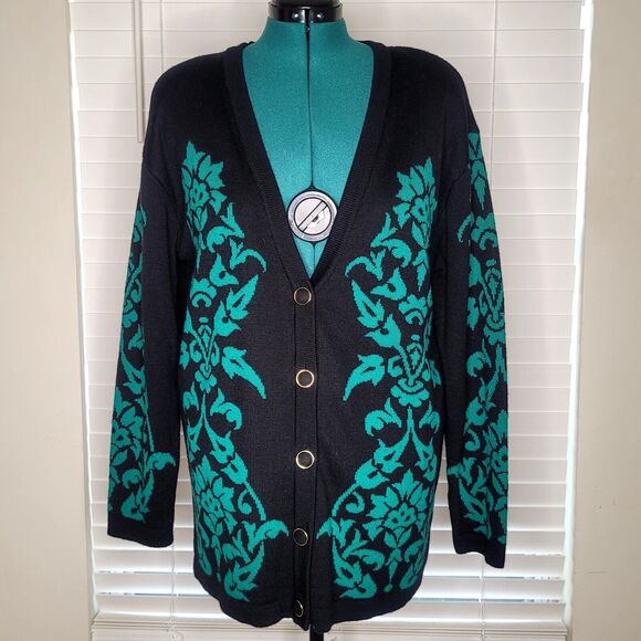 Vintage Bleyle Green &‎ Black Damask Jacquard Wool Blend Christmas Wicked Large - Picture 1 of 6